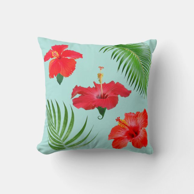 Coussin Hibiscus rouge tropical Fleurs et Feuilles de palm (Recto)