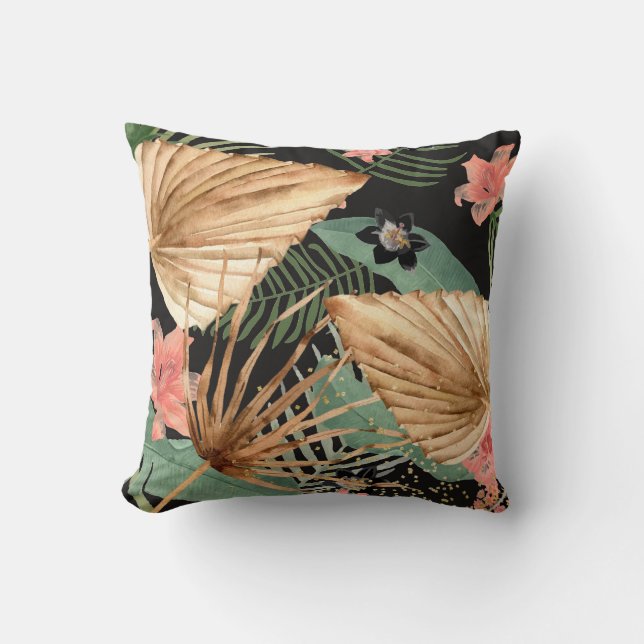 Coussin Hibiscus tropical feuille de palme séchée à la fle (Recto)