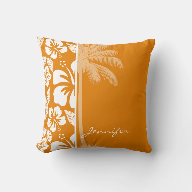 Coussin Hibiscus Tropical Orange Sombre ; Palme D'Été (Recto)