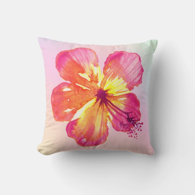 Coussin Hibiscus tropical sur Aqua Ombre rose jaune floral (Recto)