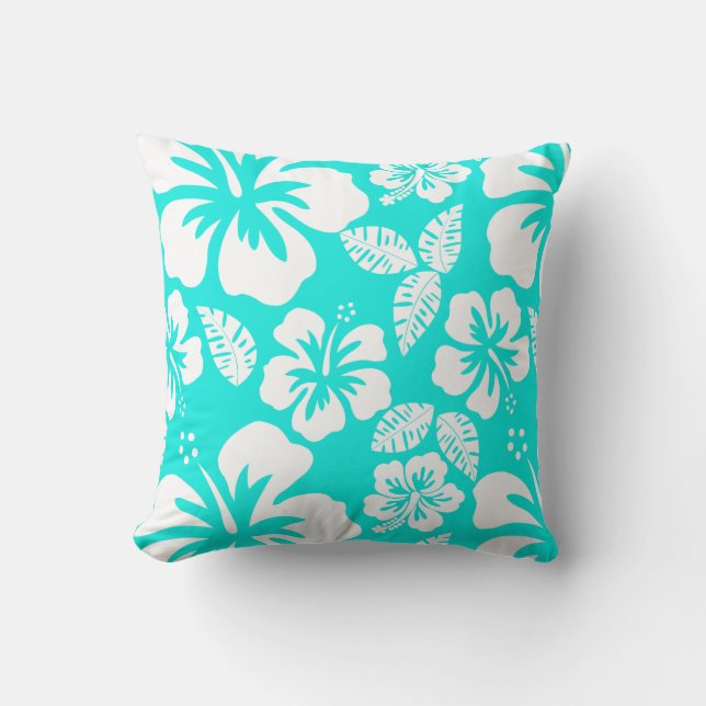 Coussin Hibiscus tropical turquoise (Recto)