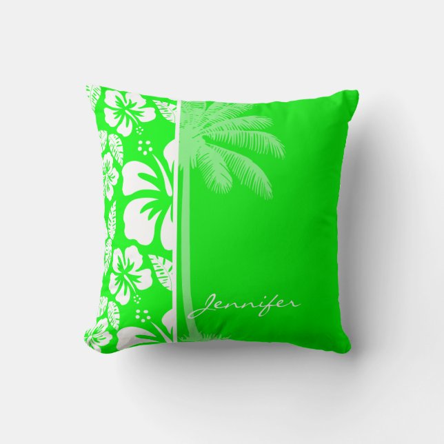 Coussin Hibiscus tropical vert électrique; Palm (Recto)