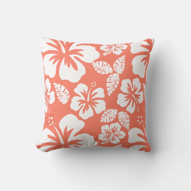 Coussin Hibiscus tropicaux couleur corail (Recto)