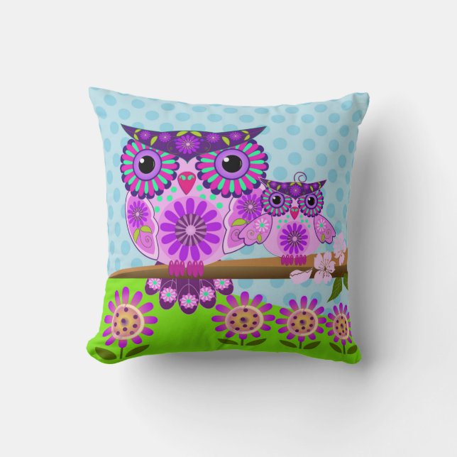 Coussin Hibou de flower power et son jeune hibou (Recto)