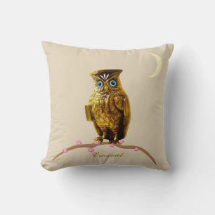 Coussin Hibou doré et croissant de lune sur beige