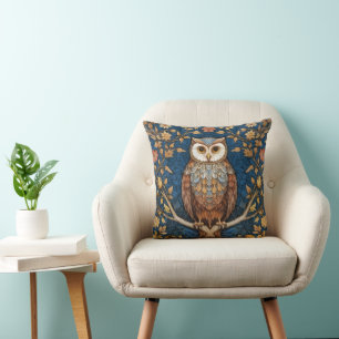 Coussin Hibou sur une branche bleu automne arrière - plan 