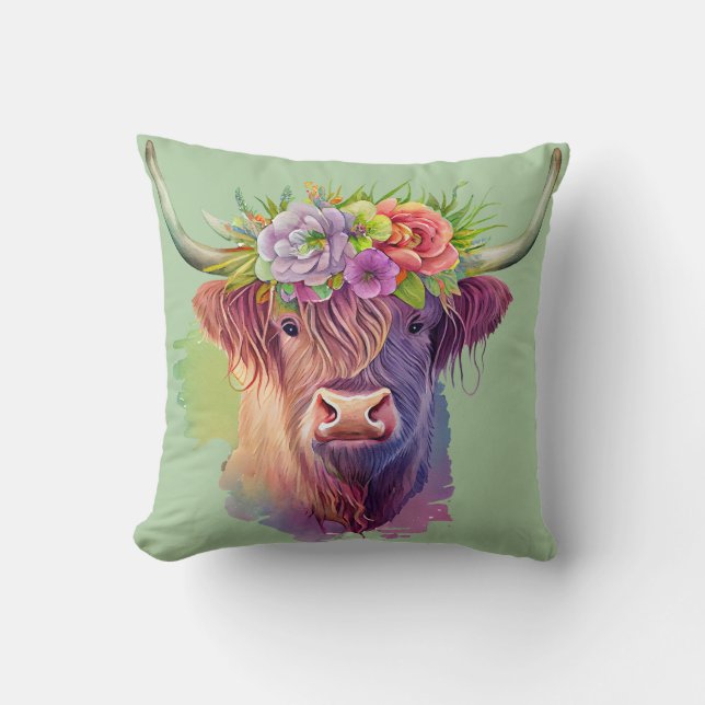 Coussin Highland Cow aquarelle avec fleurs (Recto)