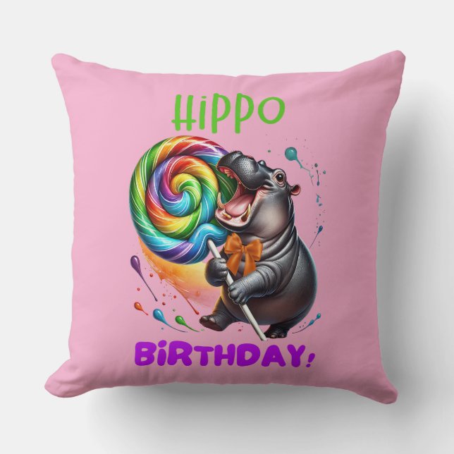 Coussin Hippo Anniversaire Joyeux, Coloré Candy Swirl | (Recto)