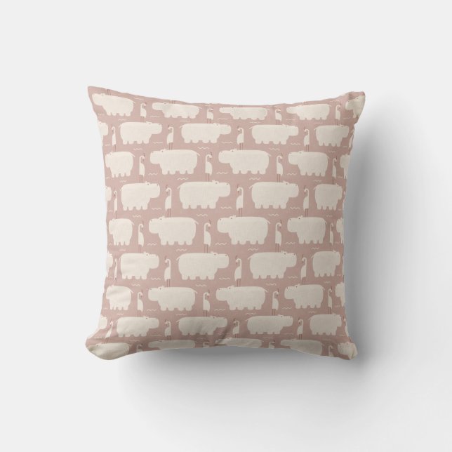 Coussin Hippo et oiseau - rose - pépinière (Recto)