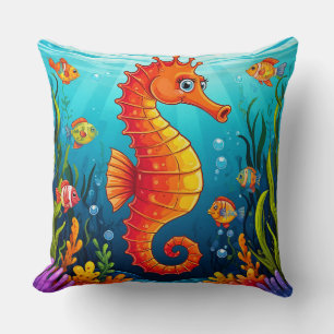 Coussin Hippocampe Coloré dans un Récif de Corail Vibrant