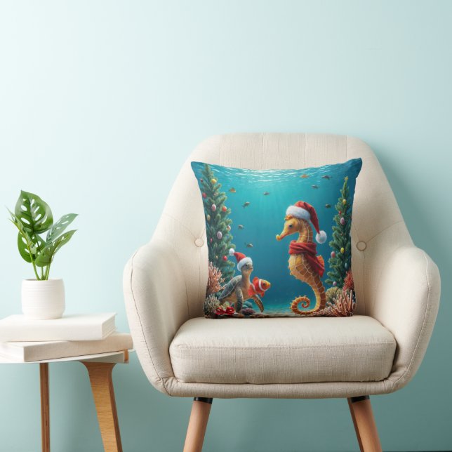 Coussin Hippocampe de Noël sous-marin et tortue de mer (Chaise)