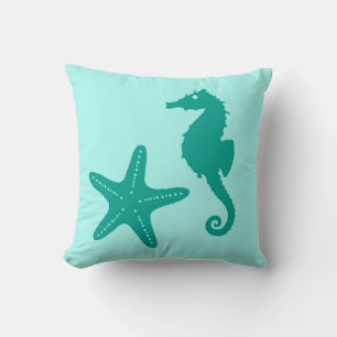 Coussin Hippocampe & étoile de mer - turquoise et aquarell