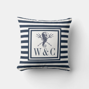 Coussin Hippocampe nautique Monogramme bleu marine rayé