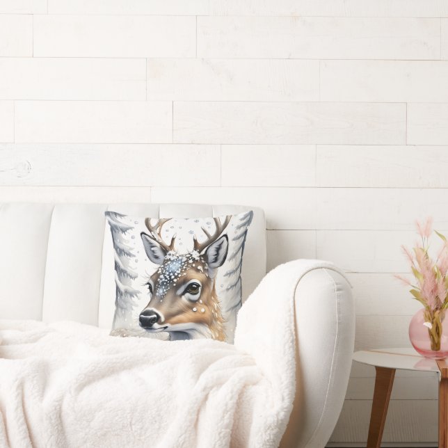 Coussin Hiver Bois Aquarelle Noël Cerf (Canapé)