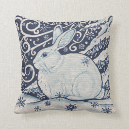 Coussin Hiver Neige Rabbit Marine Blue Snowflakes Peinture