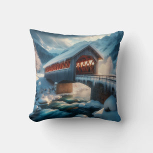 Coussin Hiver, pont enneigé et rivière