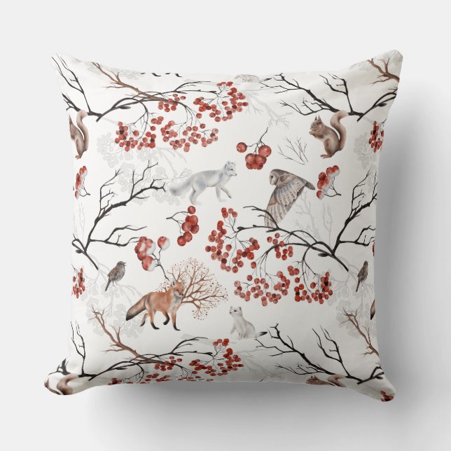 Coussin Hivernage Forêt Faune Renard Écureuil Berries Twig (Recto)