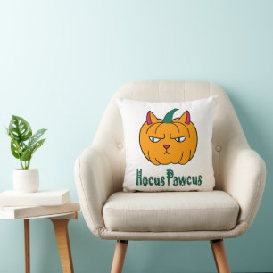 Coussin Hocus pawcus citrouille d'Halloween chat roux magi