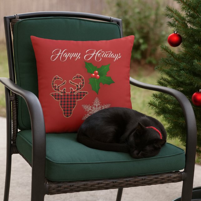 Coussin Holiday Deer Head, Snowflake et Holly Feuilles (Créateur téléchargé)