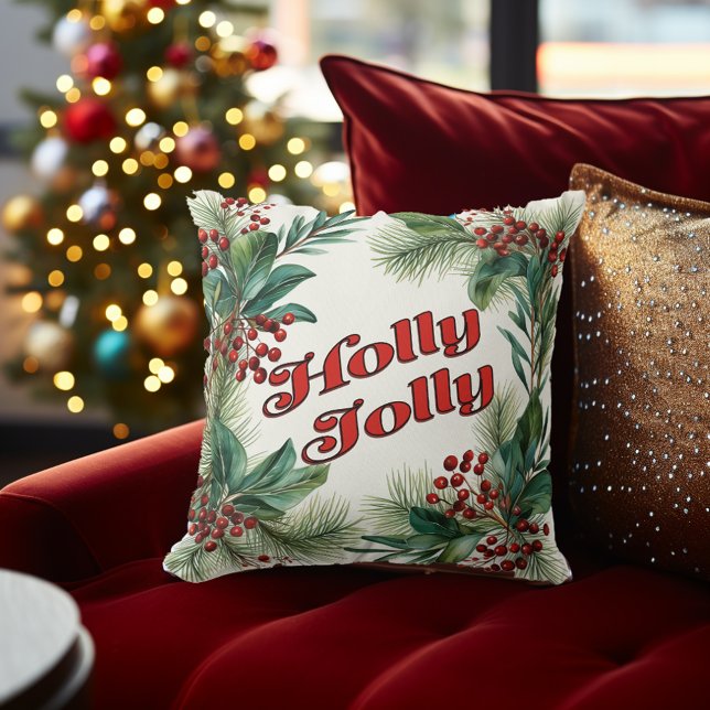Coussin "Holly Jolly" Script décoratif de Noël & Holly (Traditional Christmas Decor Festive "Holly Jolly" Pine and Holly Decorative Christmas Throw Pillow)