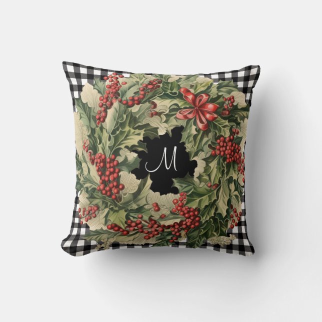 Coussin Holly Wreath buffalo plaid nom de famille personna (Recto)