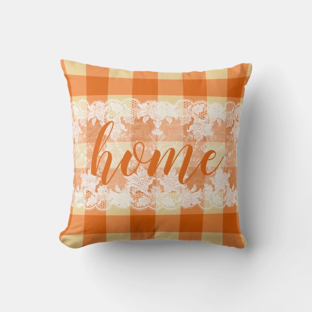 Coussin Home script en vichy orange motif de ferme (Recto)