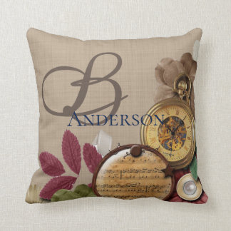 Coussin Horloge et fleurs de Steampunk de monogramme