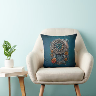 Coussin Horloge Steampunk Ornate avec Roses.