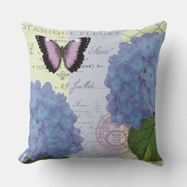 Coussin hortensia et papillon vintages modernes (Recto)