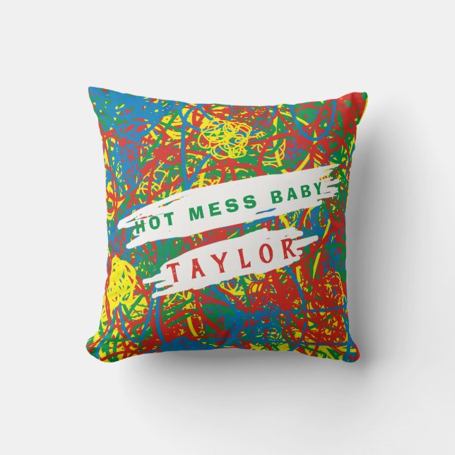 Coussin Hot Mess Baby Name Red Green Blue Yellow Scribbles (Recto)