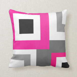 Coussin Hot Pink Gray Black White Geometric Squares