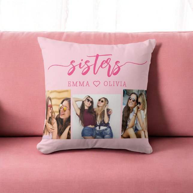 Coussin Hot Pink Sisters 3 Photo Collage Keepsaké cadeau (Créateur téléchargé)