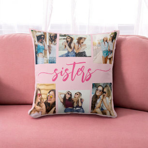 Coussin Hot Pink Sisters 6 Photo Collage Keepsaké cadeau