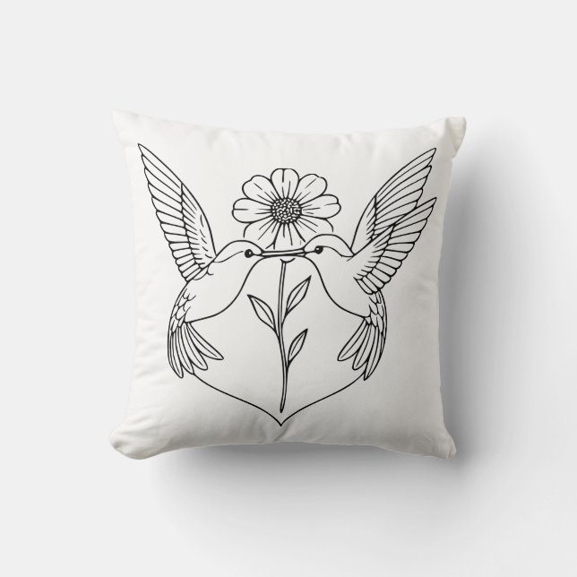 Coussin Hummingbirds in Heart Shape with Flower Line Art (Recto)