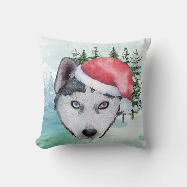 Coussin Husky en Casquette Père Noël (Recto)