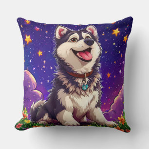 Coussin Husky Joyeux Contre Ciel Étoilé