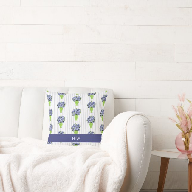 Coussin Hydrangea Bleu Vase Vert Côtier Rayure Monogramme  (Canapé)