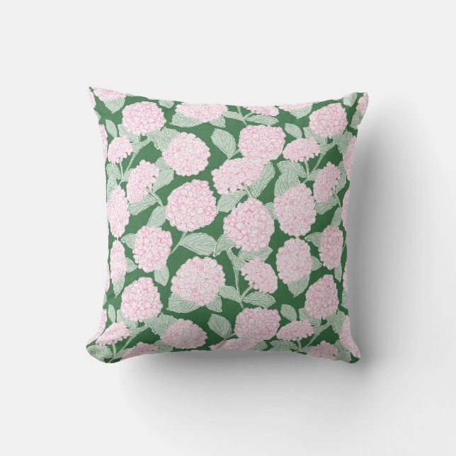 Coussin Hydrangea Florale Rose et Vert (Recto)