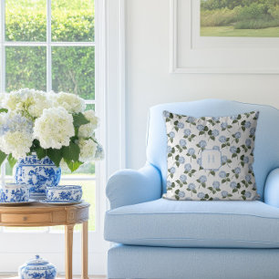 Coussin Hydrangée Bleue Fleur Monogramme  