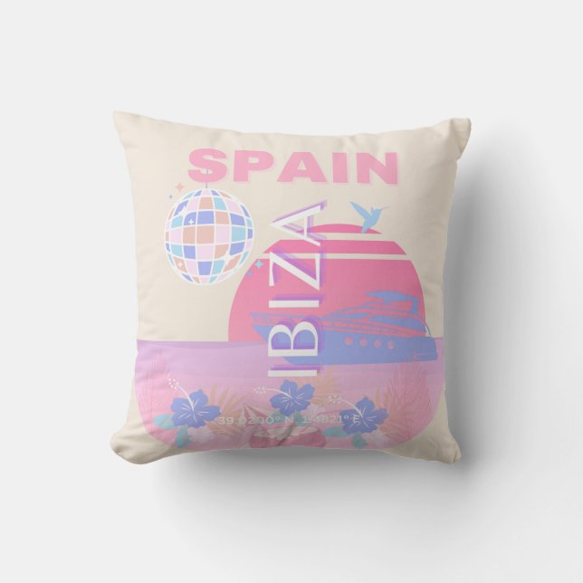 Coussin Ibiza, Espagne, Art Voyage, Art Preppy, Rose (Recto)