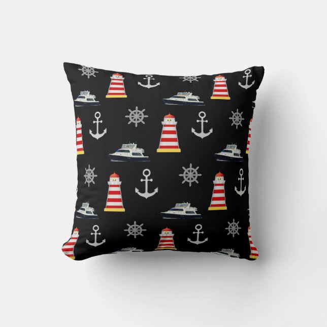 Coussin Icônes nautiques, Ancre argentée sur noir (Recto)