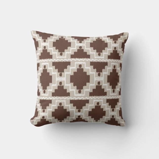 Coussin Ikat Aztec Tribal - Chocolat Brown et Taupe (Recto)