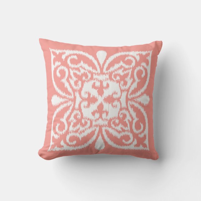 Coussin Ikat damask motif - pêche rose et blanc (Recto)