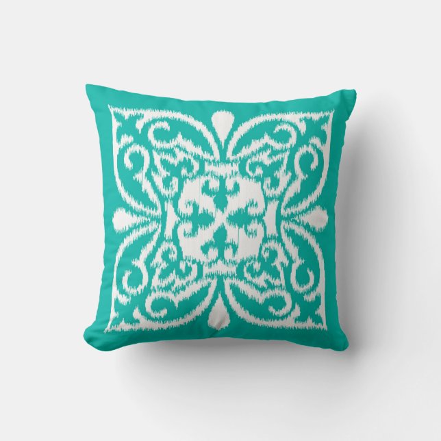 Coussin Ikat damask motif - turquoise et blanc (Recto)