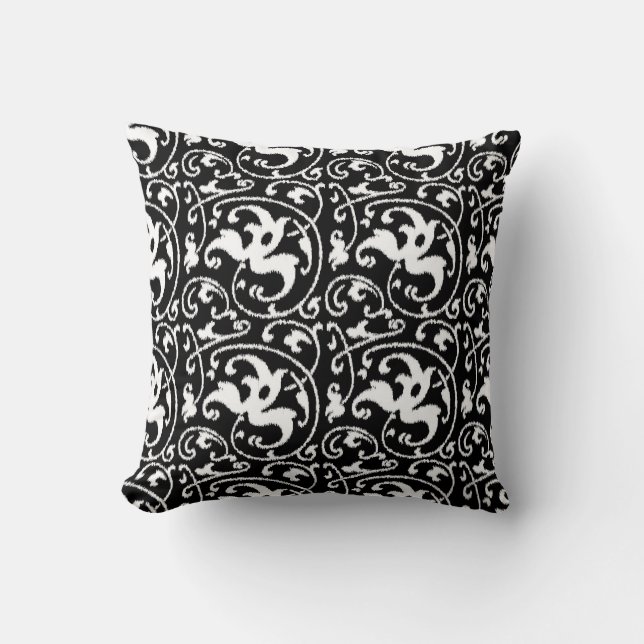 Coussin Ikat Floral Damask - noir et blanc (Recto)