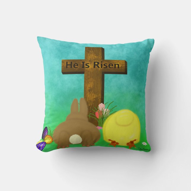 Coussin Il Est Ressuscité ! La poule lapin de Pâques à tra (Recto)