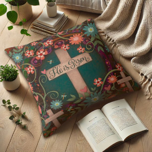 Coussin Il est ressuscité trois croix jolie Pâques florale