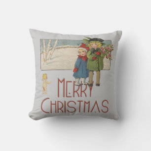 Coussin Illustration Antique Enfants Noël 1920