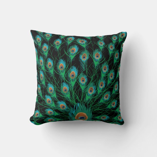 Coussin Illustration avec des plumes de paon sur le noir (Recto)
