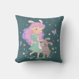 Coussin Illustration de la fille de lapin de printemps